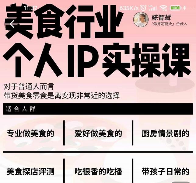 美食行业个人IP实操课,对于普通人而言,带货美食零食是离变现非常近的选择-恒创联盟资源网