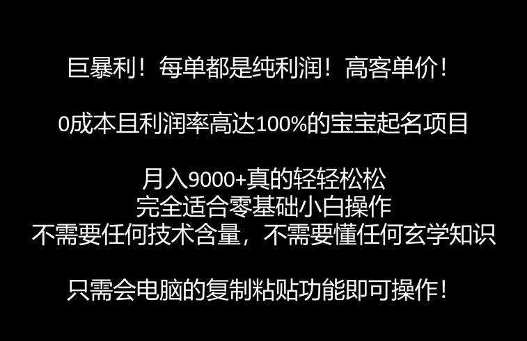 巨暴利，月入9000+的宝宝起名项目，每单都是纯利润，零基础都能躺赚【附软件+视频教程】-恒创联盟资源网