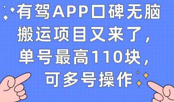 有驾APP口碑无脑搬运项目又来了，单号最高110块，可多号操作-恒创联盟资源网