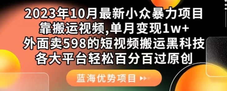 2023年10月最新小众暴力项目，靠搬运视频,单月变现1w+，外面卖598的短视频搬运黑科技，各大平台轻松百分百过原创-恒创联盟资源网