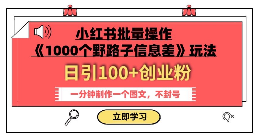 小红书批量操作《1000个野路子信息差》玩法，一分钟制作一个图文，不封号，日引100+创业粉-恒创联盟资源网