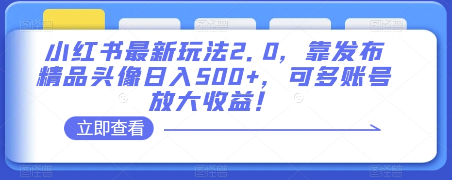 小红书最新玩法2.0，靠发布精品头像日入500+，可多账号放大收益！【揭秘】-恒创联盟资源网