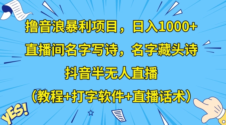 撸音浪暴利项目，日入1000+，直播间名字写诗，名字藏头诗，抖音半无人直播（教程+打字软件+直播话术）【揭秘】-恒创联盟资源网