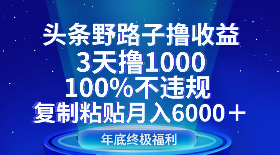 头条野路子撸收益，3天撸1000，100%不违规，复制粘贴月入6000＋-恒创联盟资源网