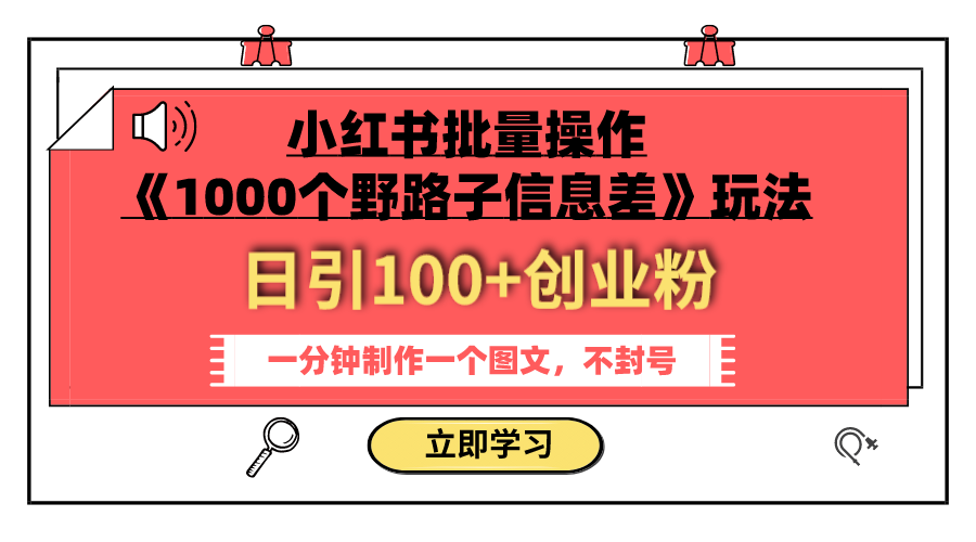 （7676期）小红书批量操作《1000个野路子信息差》玩法 日引100+创业粉 一分钟一个图文-恒创联盟资源网