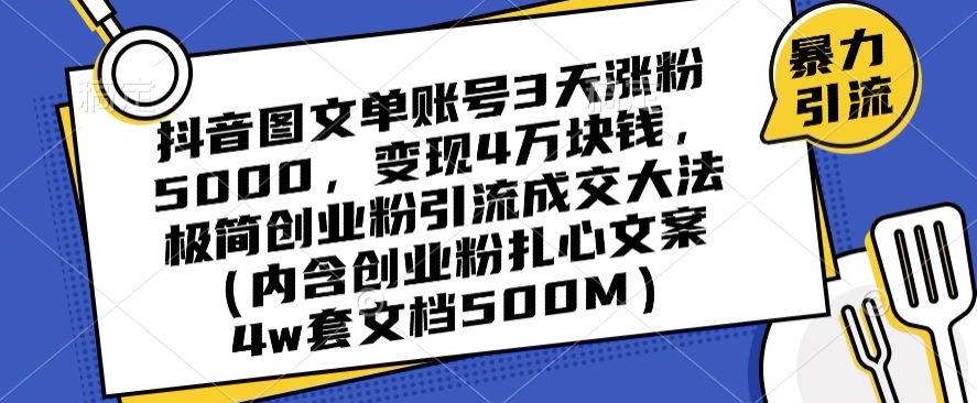 抖音图文单账号3天涨粉5000，变现4万块钱，极简创业粉引流成交大法-恒创联盟资源网