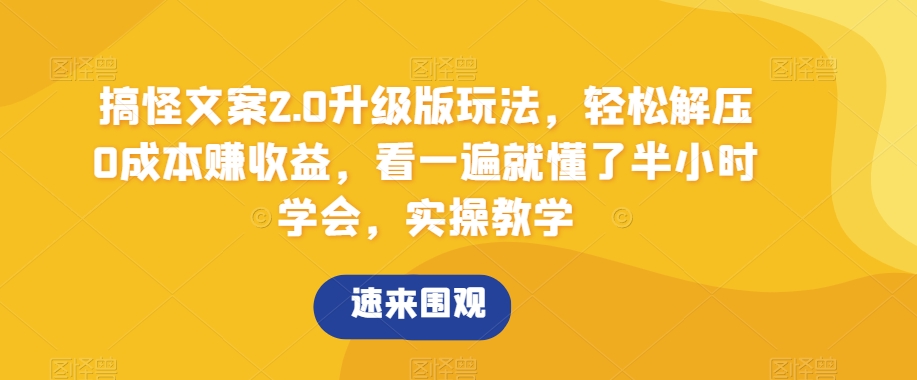 搞怪文案2.0升级版玩法，轻松解压0成本赚收益，看一遍就懂了半小时学会，实操教学【揭秘】-恒创联盟资源网