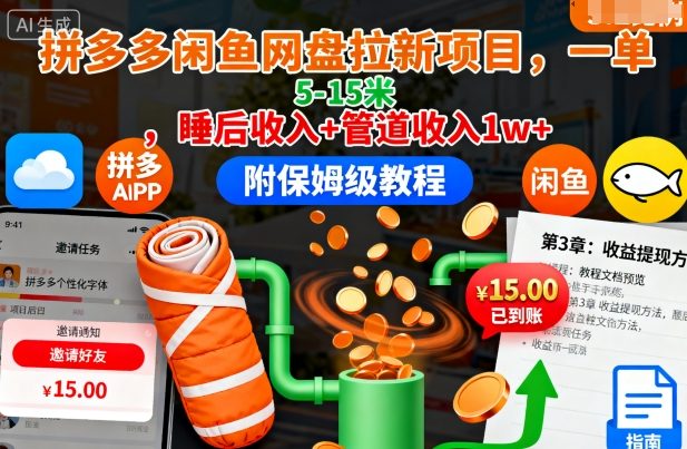 拼多多闲鱼网盘拉新项目，一单5-15米，睡后收入+管道收入1w+(附保姆级教程)-恒创联盟资源网