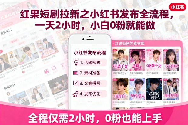红果短剧拉新之小红书发布全流程,一天2小时,小白0粉就能做-恒创联盟资源网