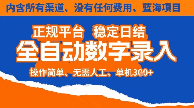 全自动数字录入,单机日入3张+,内含所有渠道全程免费零成本,操作简单可矩阵开干【揭秘】-恒创联盟资源网