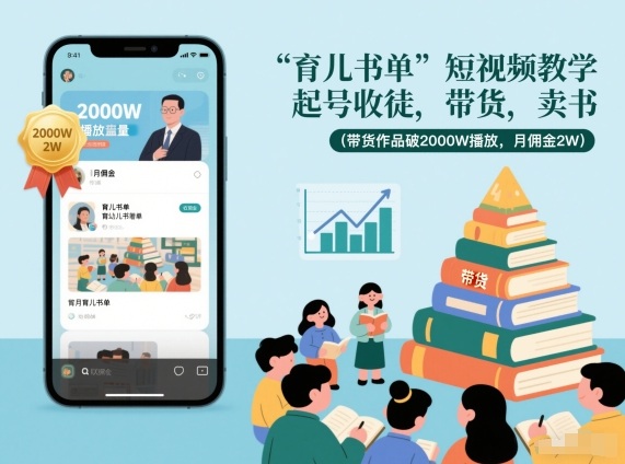 育儿书单短视频教学,起号收徒,带货,卖书(带货作品破2000W播放,月佣金2W)-恒创联盟资源网