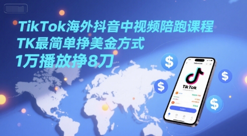 TikTok海外抖音中视频陪跑课程,TK最简单挣美金方式,1万播放挣8刀-恒创联盟资源网