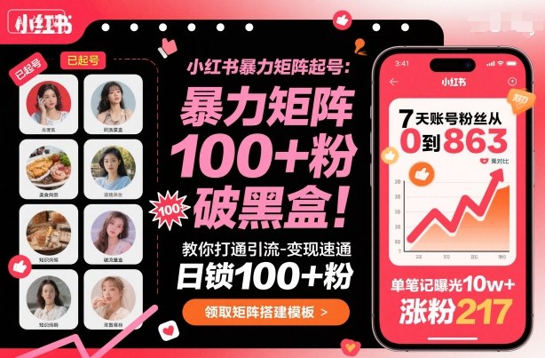 小红书暴力矩阵起号,教你打通引流-变现速通,日锁100+粉,破流量黑盒-恒创联盟资源网