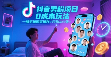 抖音男粉项目0成本玩法，一部手机即可操作，日均4张+，时间自由-恒创联盟资源网