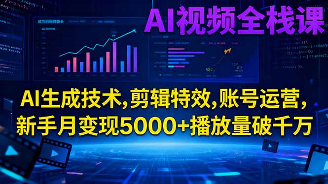 AI视频全栈课:AI生成技术,剪辑特效,账号运营,新手月变现5000+播放量破千万-恒创联盟资源网