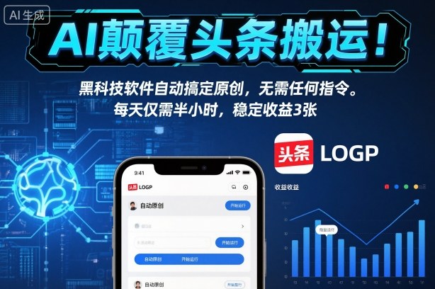 AI颠覆头条搬运!黑科技软件自动搞定原创,无需任何指令。每天仅需半小时,稳定收益3张【揭秘】-恒创联盟资源网