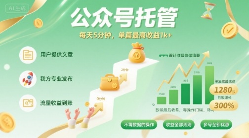 【公众号托管 】我提供文章，你发布，每天5分钟，单篇最高收益1k+【揭秘】-恒创联盟资源网