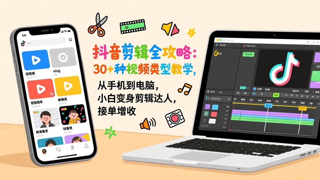 抖音剪辑全攻略：30+种视频类型教学，从手机到电脑，小白变身剪辑达人，接单增收-恒创联盟资源网