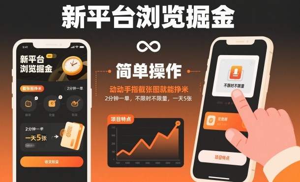 新平台浏览掘金，动动手指截张图就能挣米，2分钟一单，不限时不限量，一天5张【揭秘】-恒创联盟资源网