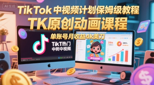 TikTok中视频计划保姆级教程，TK原创动画课程，单账号月收益4k美刀-恒创联盟资源网