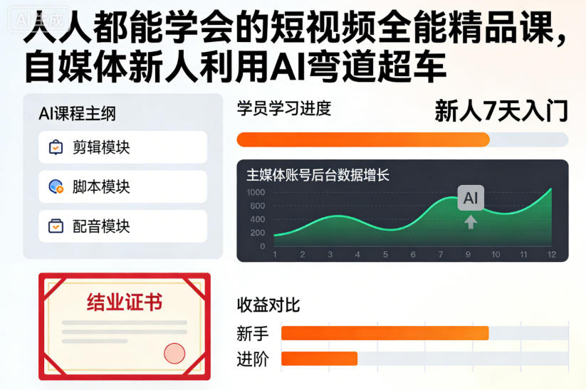 人人都能学会的短视频全能精品课，自媒体新人利用AI弯道超车-恒创联盟资源网