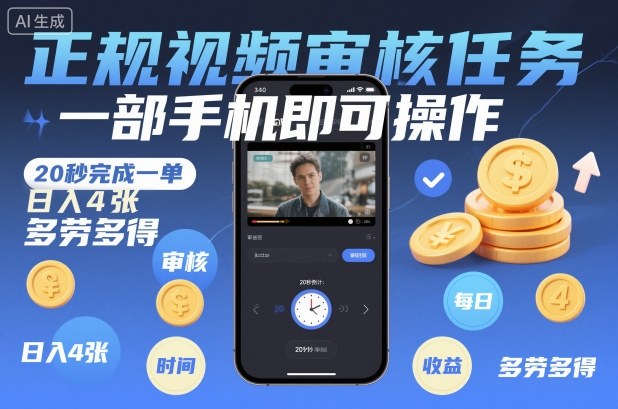 正规视频审核任务，一部手机即可操作，20秒完成一单，日入4张，多劳多得【揭秘】-恒创联盟资源网