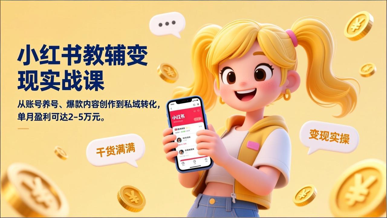 小红书教辅变现实战课，从账号养号、爆款内容创作到私域转化，单月盈利可达2-5万元-恒创联盟资源网
