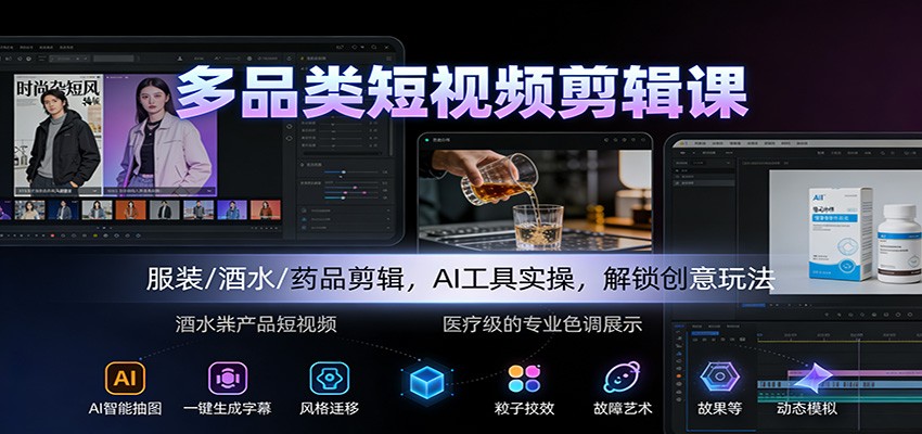 多品类短视频剪辑课:服装/酒水/药品剪辑,AI工具实操,解锁创意玩法-恒创联盟资源网
