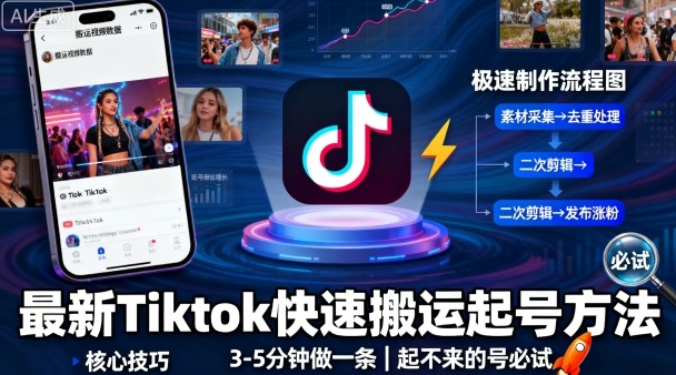 最新Tiktok快速搬运快速起号方法，3-5分钟做一条，起不来的号可以试试-恒创联盟资源网