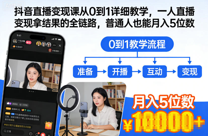 抖音直播变现课从0到1详细教学，一人直播变现拿结果的全链路，普通人也能月入5位数-恒创联盟资源网