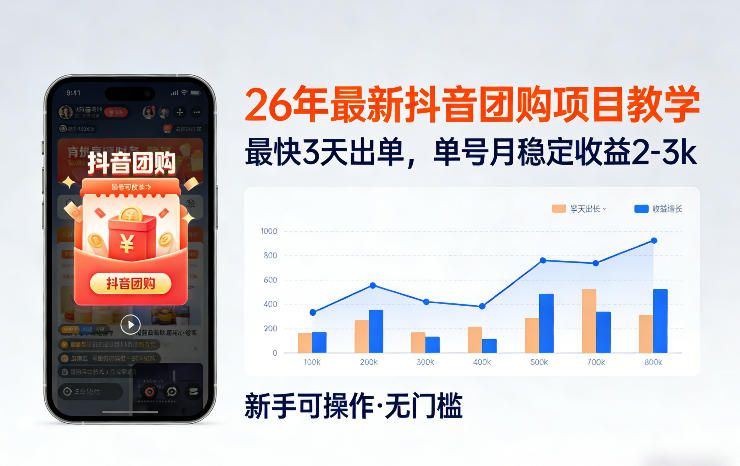 26年最新抖音团购项目教学，0门槛，最快3天出单，单号月稳定收益2-3k-恒创联盟资源网