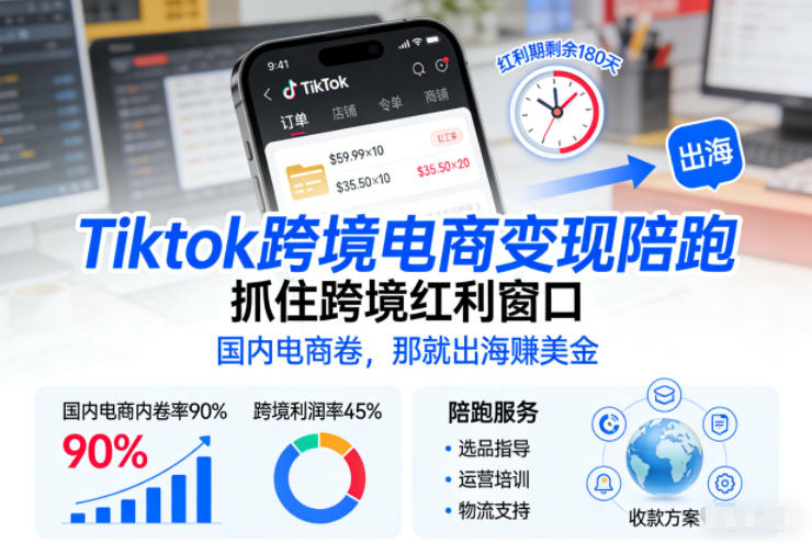 Tiktok跨境电商变现陪跑,抓住跨境红利窗口,国内电商卷,那就出海賺美金-恒创联盟资源网