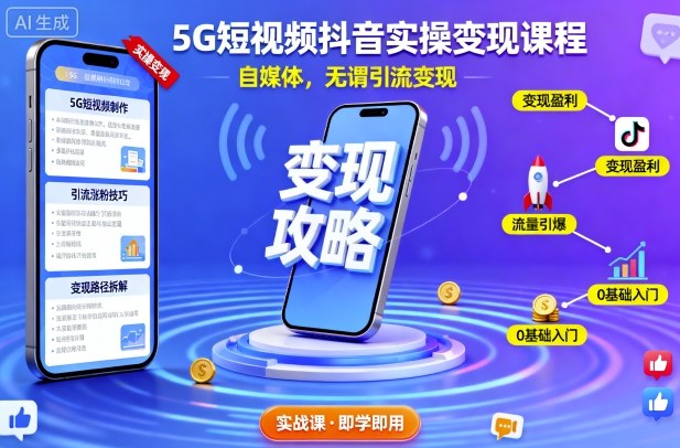 5G短视频抖音实操变现课程，自媒体，无谓引流变现-恒创联盟资源网
