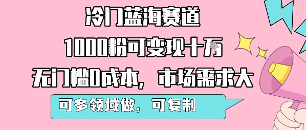 冷门蓝海赛道，1000粉可变现十W，无门槛0成本，市场需求大，可多领域做，可复制性强-恒创联盟资源网