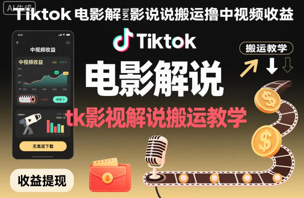 Tiktok电影解说搬运撸中视频收益,tk影视解说搬运教学-恒创联盟资源网