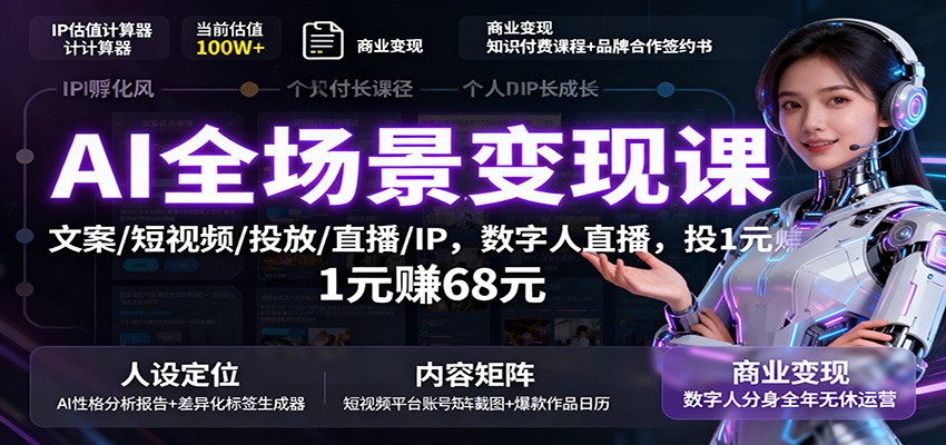 AI全场景变现课：文案/短视频/投放/直播/IP，数字人直播，投1元赚68元-恒创联盟资源网