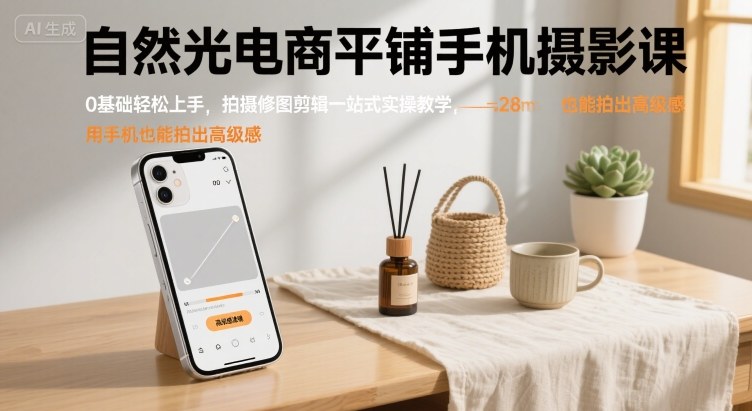 自然光电商平铺手机摄影课，0基础轻松上手，拍摄修图剪辑一站式实操教学，用手机也能拍出高级感-恒创联盟资源网