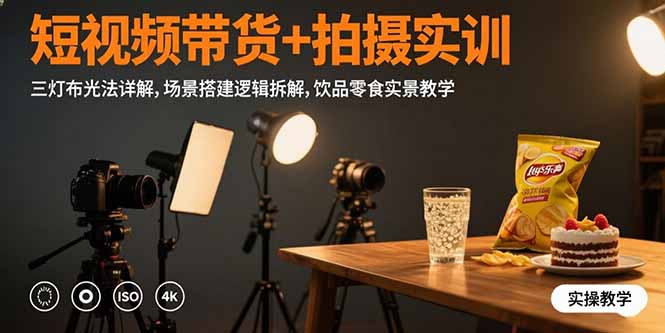 短视频带货+拍摄实训：三灯布光法详解,场景搭建逻辑拆解,饮品零食实景教学-恒创联盟资源网