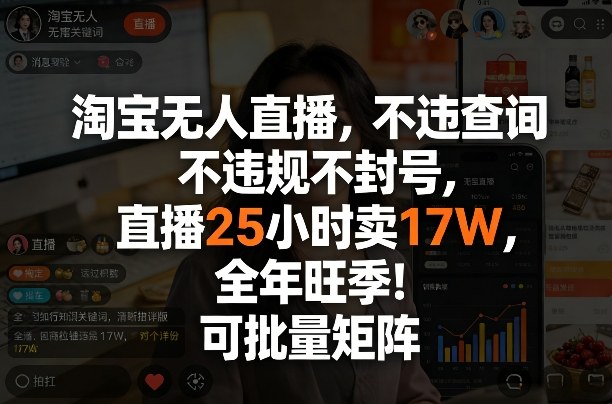 淘宝无人直播，不违规不封号，直播25小时卖17W，全年旺季！可批量矩阵【揭秘】-恒创联盟资源网