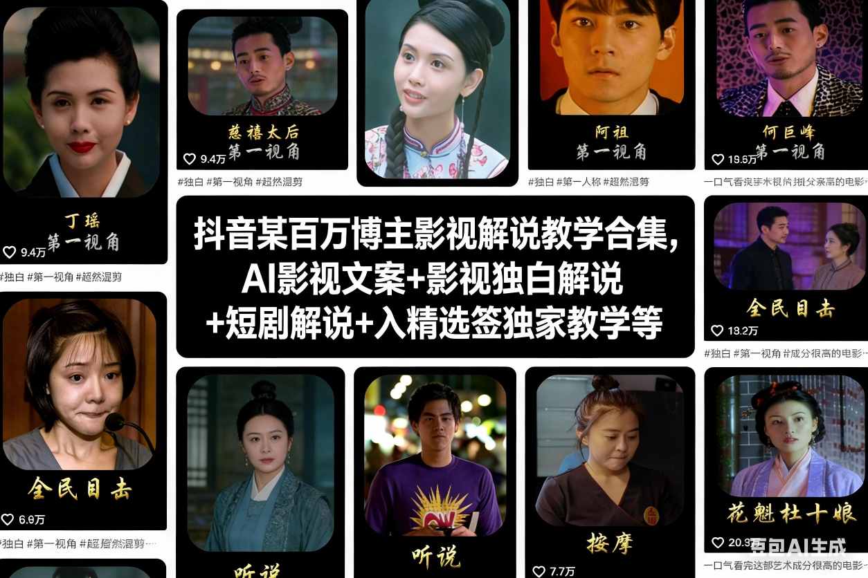 抖音某百万博主影视解说教学合集,AI影视文案+影视独白解说+短剧解说+入精选签独家教学等-恒创联盟资源网