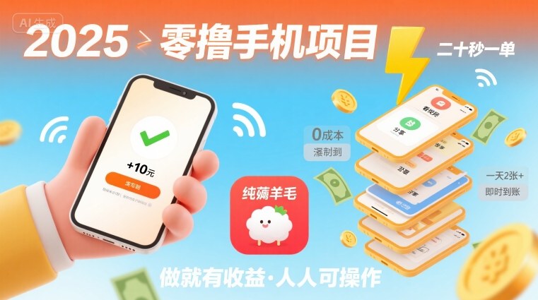 2025年零撸手机项目,二十秒一单,纯薅羊毛 一天2张+做就有-恒创联盟资源网