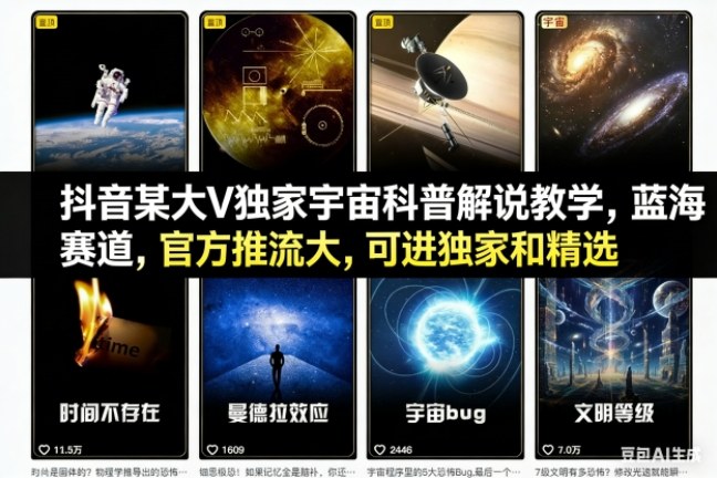 抖音某大V独家宇宙科普解说教学,蓝海赛道,官方推流大,可进独家和精选-恒创联盟资源网