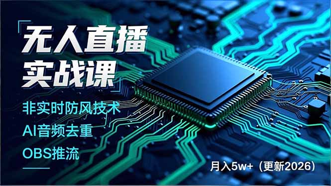 无人直播实战课,非实时防风技术、AI音频去重、OBS推流,建立技术壁垒,月入5w+(更新2026-恒创联盟资源网