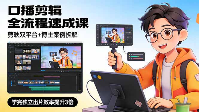 口播剪辑全流程速成课，剪映双平台+博主案例拆解，学完独立出片效率提升3倍-恒创联盟资源网