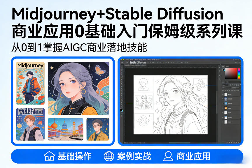 AIGC商业应用Midjourney+Stable Diffusion教程，0基础入门保姆级系列课-恒创联盟资源网