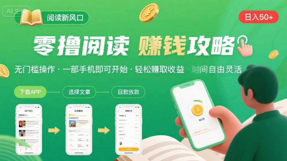 零撸阅读新风口，无门槛轻松挣，一部手机，日入 50-3张【揭秘】-恒创联盟资源网