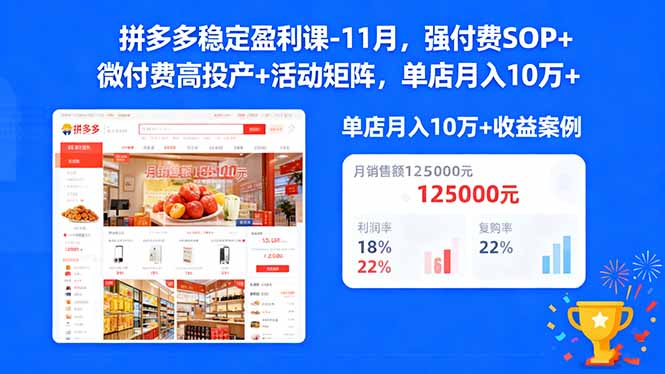 拼多多稳定盈利课-11月，强付费SOP+微付费高投产+活动矩阵，单店月入10万+-恒创联盟资源网