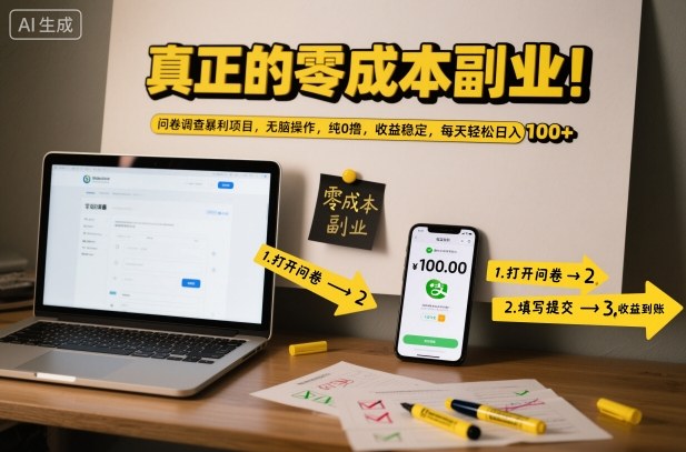 真正的零成本副业！问卷调查暴利项目，无脑操作，纯0撸，收益稳定，每天轻松日入100+【揭秘】-恒创联盟资源网