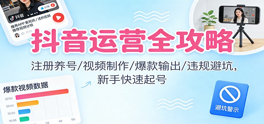 抖音运营全攻略：注册养号/视频制作/爆款输出/违规避坑，新手快速起号-恒创联盟资源网