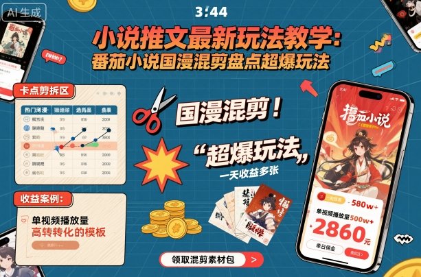 小说推文最新玩法教学，番茄小说国漫混剪盘点超爆玩法，全程干货，一天收益多张-恒创联盟资源网